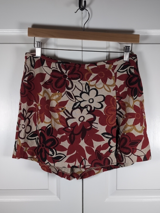 Wrapper Dresses & Skirts - Wrapper Floral Linen Blend Wrap Skort Red Beige Fairy Grunge Mini Shorts Y2K